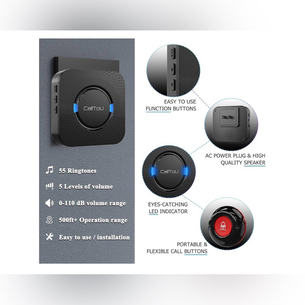 CallToU NWT Caregiver Pager System Portable Help Call Buttons Fall Risk Black OS - Picture 4 of 13